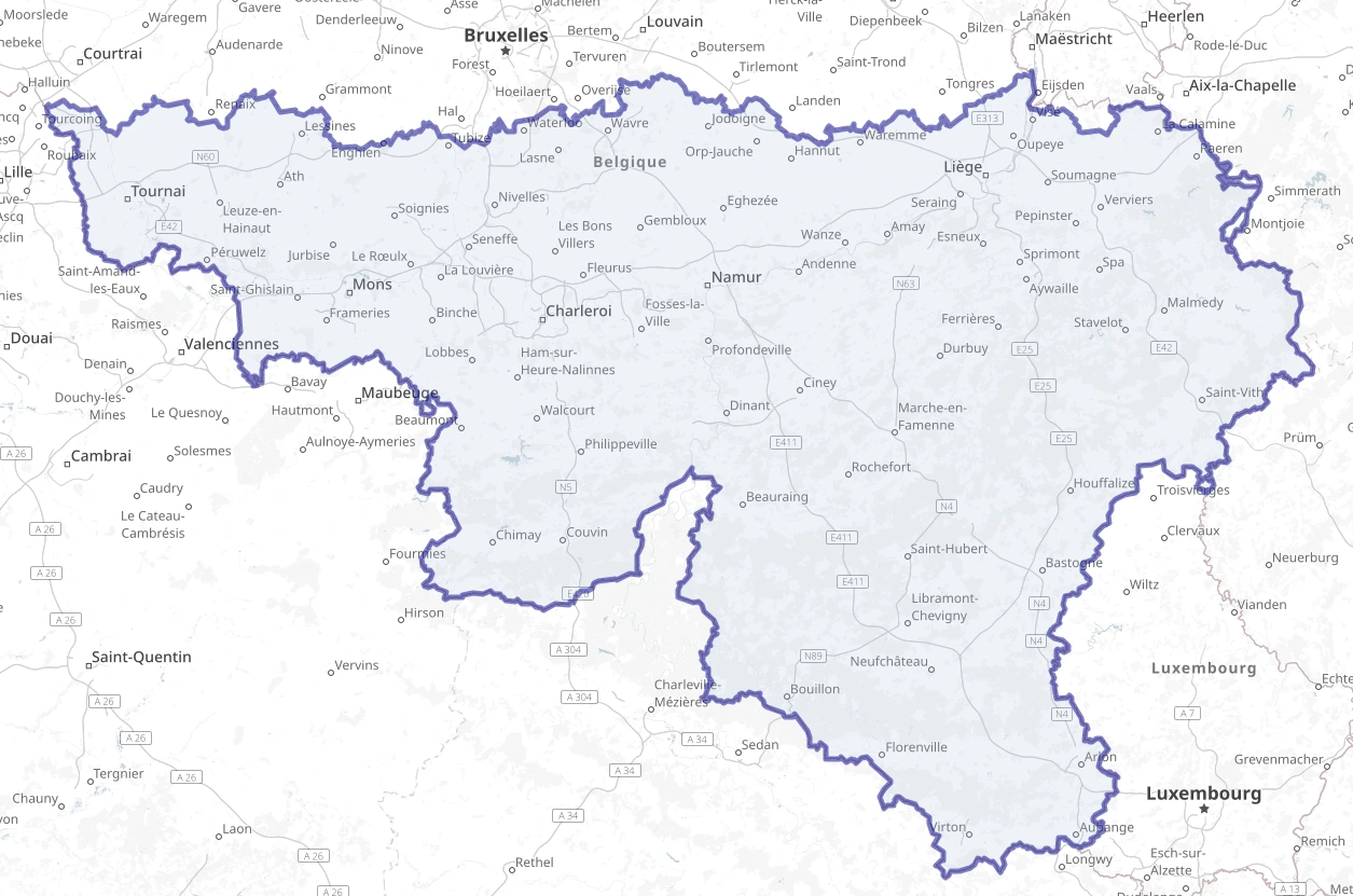 Carte de la Région wallonne couverte par Batinovo pour les services d'audit logement et de certification PEB