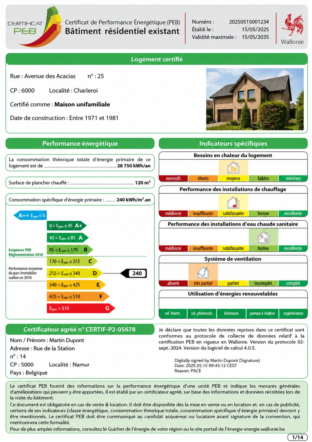 Exemple de certificat PEB Batinovo Wallonie : résultats de performance énergétique avec label A++ à G