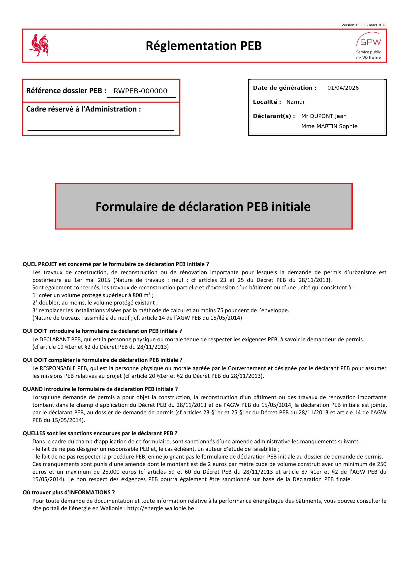 Exemple de déclaration PEB Batinovo Wallonie : page 1 du document avec données fictives — performance énergétique d'un projet